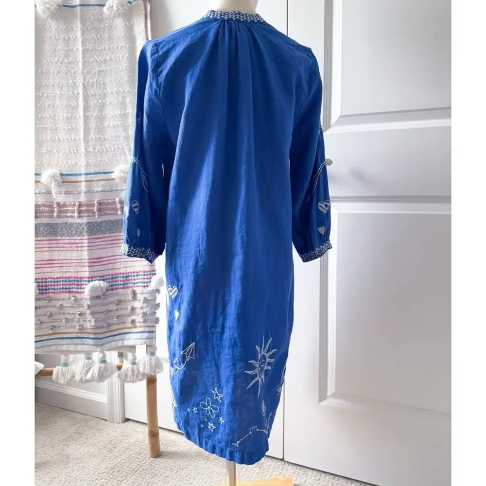 Johnny Was Sovanna Blue Embroidered Linen Bishop Sleeves Tunic Dress Size Small - Picture 4 of 11